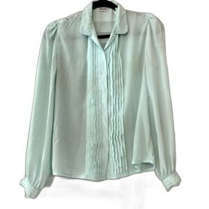 Vintage Kristin Mint Blue Pleated Button Down Blouse size 10